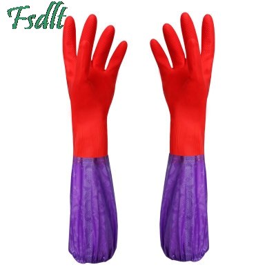 Gants en caoutchouc à manches longues pour femme, 1 paire, rouges, étanches, en Latex, pour la cuisine, le nettoyage de la vaisselle: 47CM / Without  Velvet