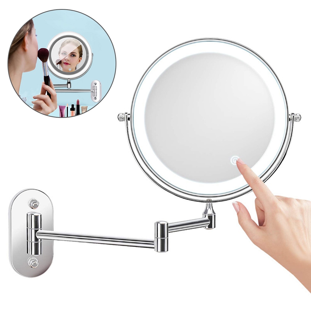 Veggmontert sminkespeil med led lys 5x forstørrelsesspeil 360 ° rotasjon dimbart lys for baderomsgarderobe hotell