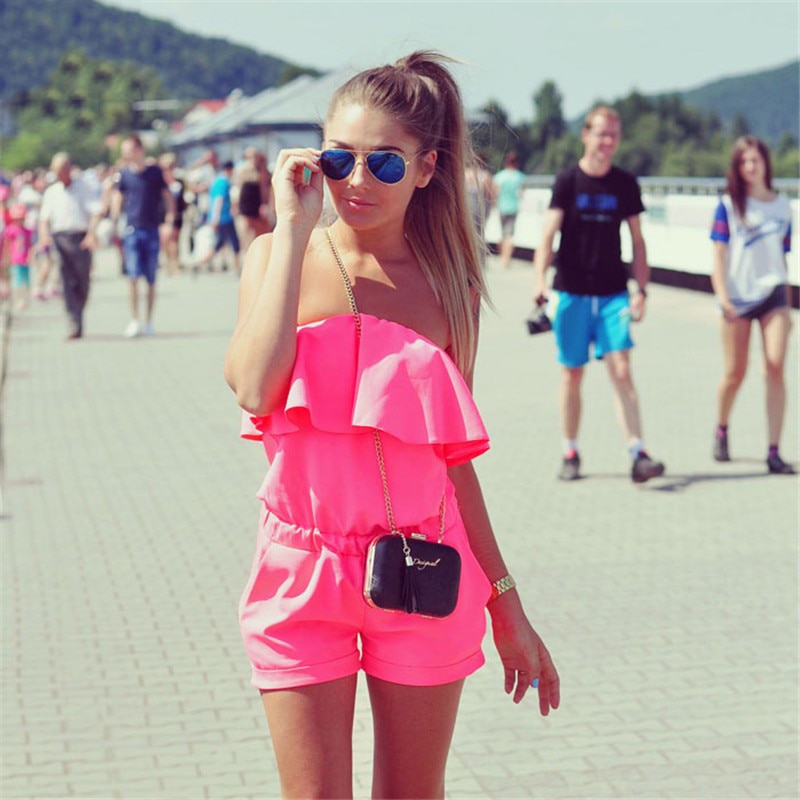 Sommer dameoveralls afslappet flæser shorts rompers elastikbånd off shoulder playsuits sweet beach dame jumpsuits