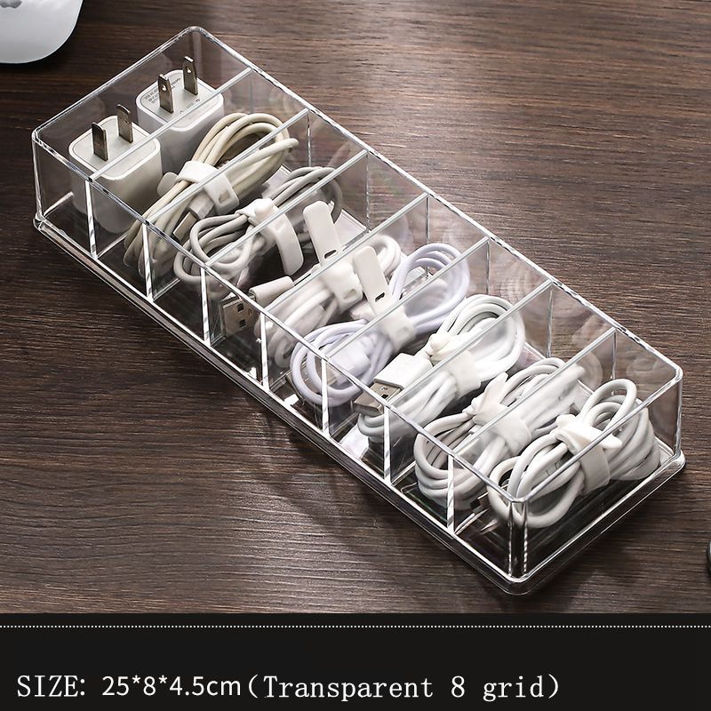 Large Acrylic Data Cable Storage Box Rectangle Desktop Plastic Data Cable Headphone Line Storage Box Dust Portable Box With Lid: Transparent 8 grid
