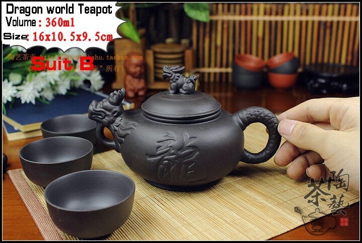 Autentisk 4 stk kung fu te sett [ 1 tekanne  + 3 kopper] 360ml drage vannkoker infusjon yixing tekanner håndlaget zisha keramisk porselen: kjole b