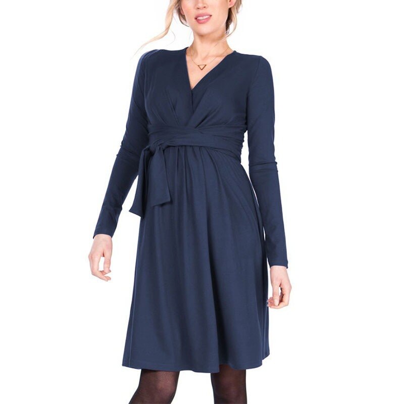 European and American Solid Color Pregnent Wear Nursing Dress Long Sleeve Belt Cross V Neck Nursing Dress Maternity Accessories