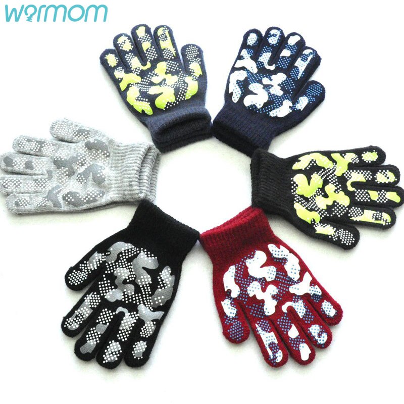 Warmom-guantes de punto cálidos para niños, manoplas antideslizantes de PVC de Color camuflaje para deportes al aire libre, de invierno, para 5-11 años