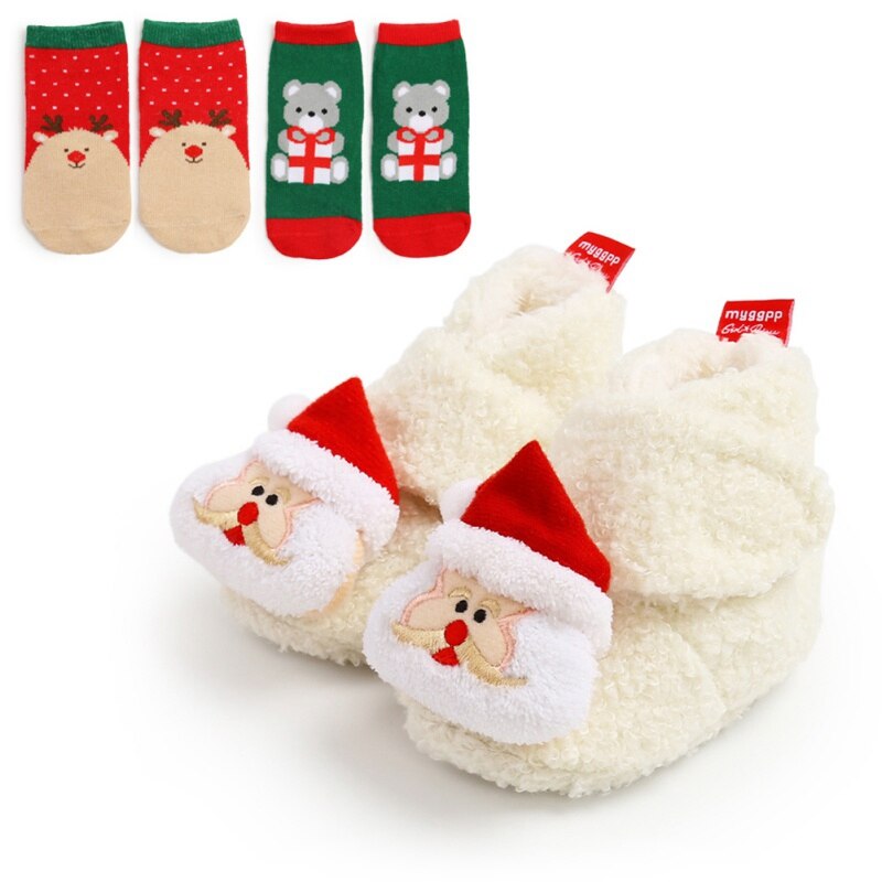 Bebê primeiro andar sapatos menina menino macio anti-deslizamento sapatos natal cervos papai noel bonito sapatos de bebê + 2 headbands/2 meias terno