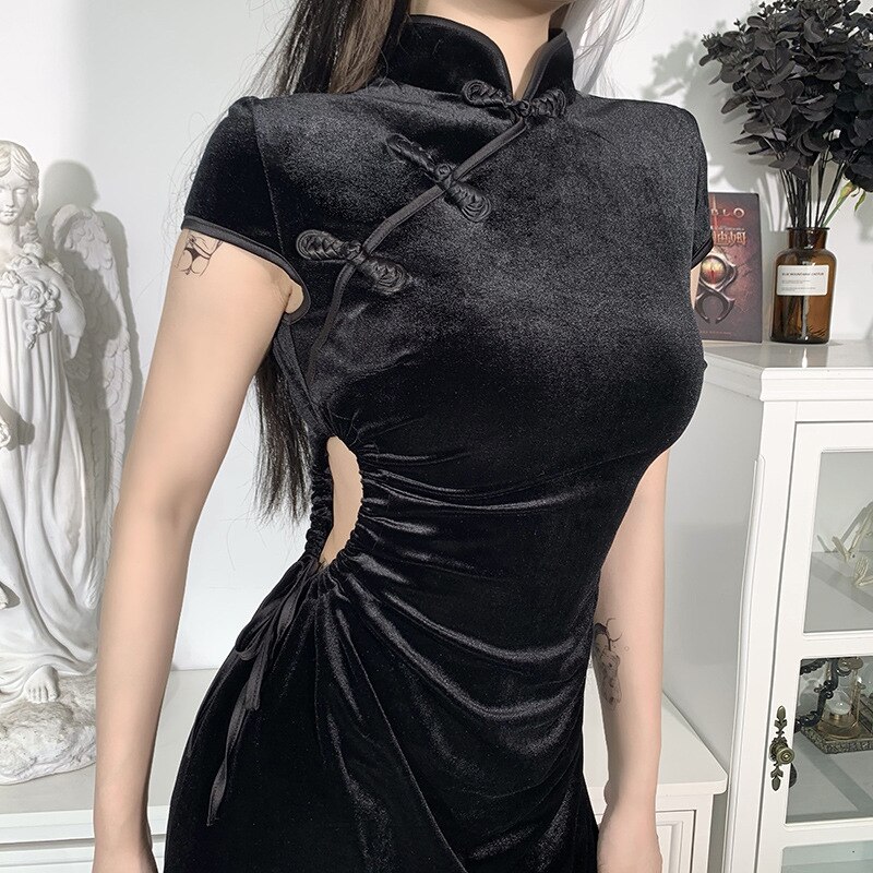 Gothic Jurk Voor Vrouwen Chinese Cheongsam Dark Stijl Vintage Fluwelen Rokken Stand Kraag Cheongsam Slanke Hoge Split Sexy Qipao