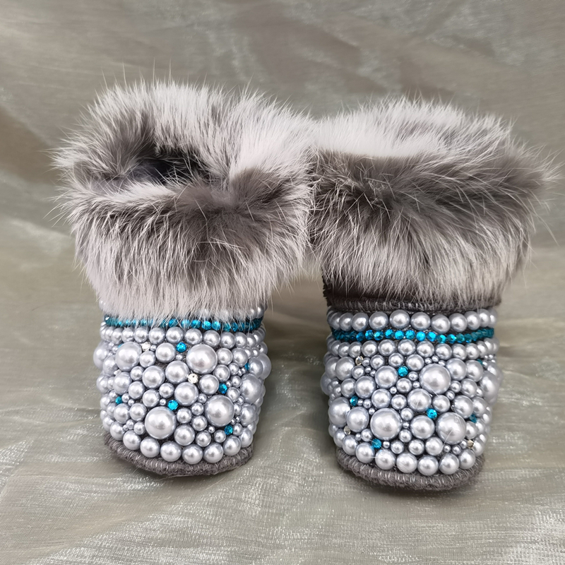Dollbling Crystal Diamond Baby Snow Boot Warm Furry antiscivolo Bling strass perle regalo ricordo scarpe fatte a mano: grey / 0-6m(4.33inch)