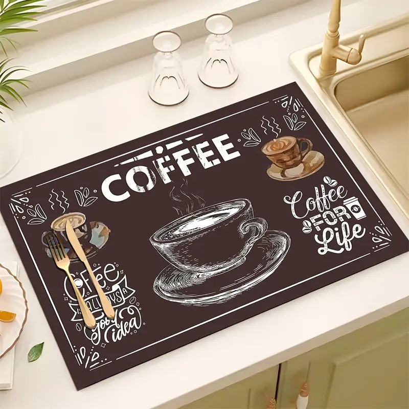 Kreative Küchen-Trockenmatte mit Kaffeedruck, weiches Gummi, rutschfest, saugfähig, schmutzabweisend, Matten für Kaffeebar, Arbeitsplatten, Geschirrmatte