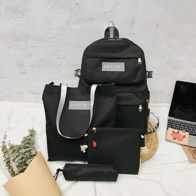 4 pièces ensemble sac d'école pour adolescentes Oxford femmes sac à dos femme sac à dos grande capacité voyage sac à dos Mochilas: Black