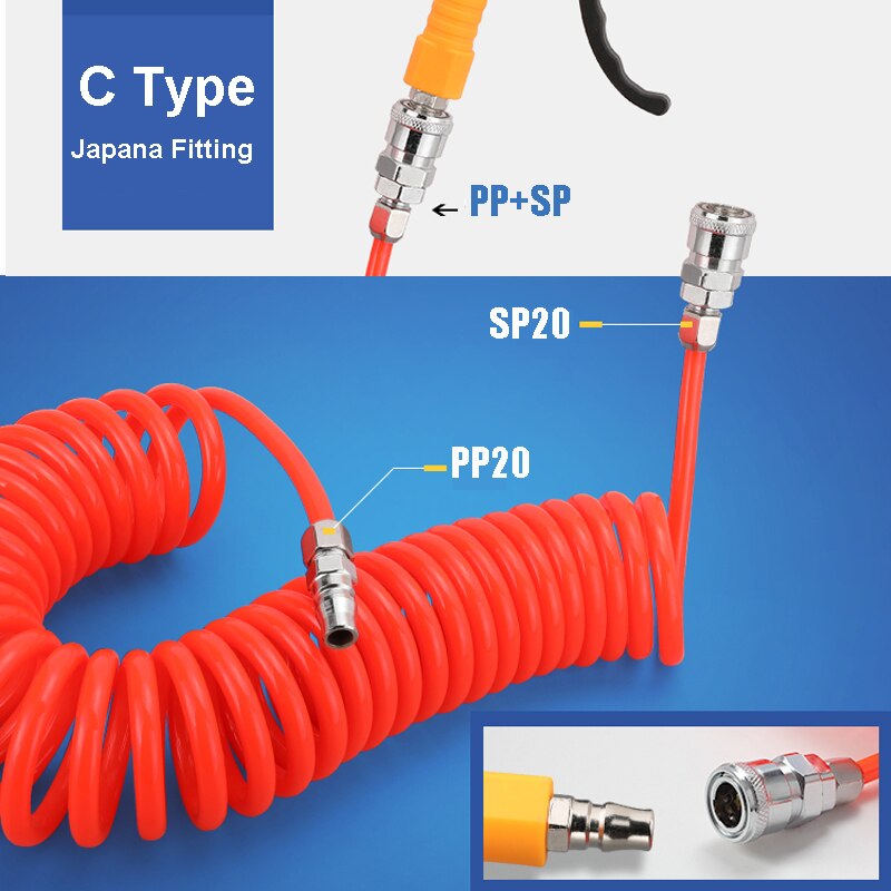 PU 8mm x 5mm Polyurethane Air Compressor Hose Tube With EU Fitting Flexible Tool Connector Spring Spiral Pipe 8*5