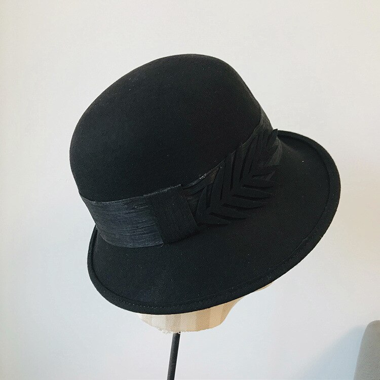 Vinter dam hattar rund fedorahatt för kvinnor uppåtgående brätte band blad klocka kyrka bröllop bowler hatt retro ull hattar: Svart