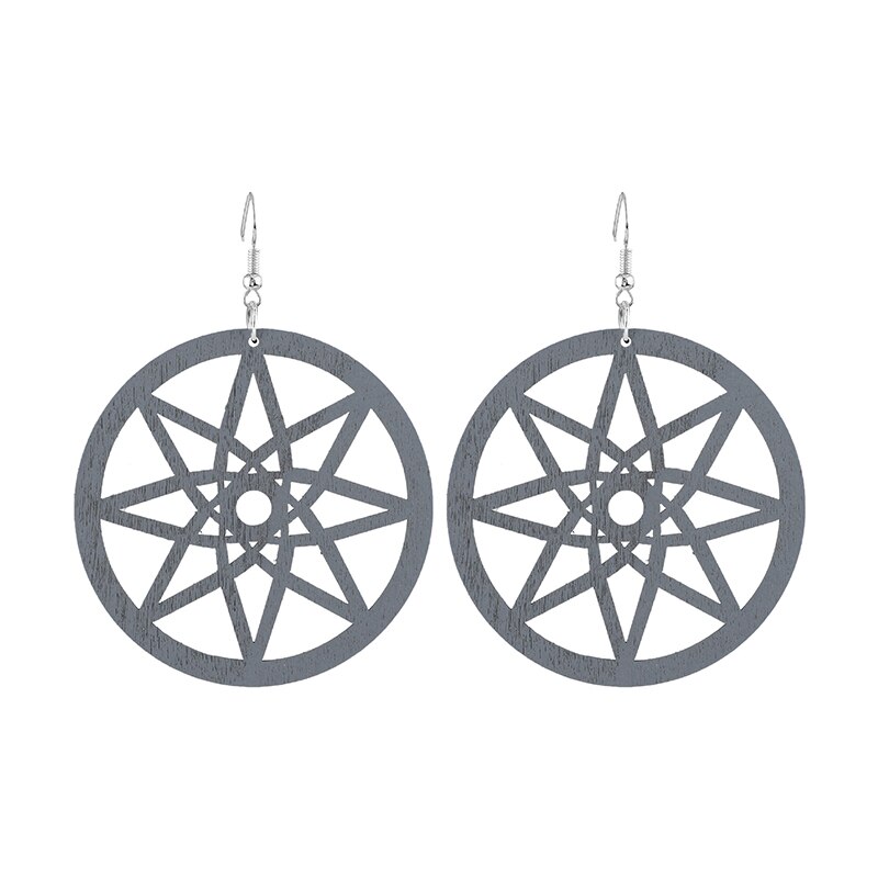 Retro Round Wood Earrings for Women Casual Original Hollow Eight-pointed Star Geometric Wooden Jewelry: C1