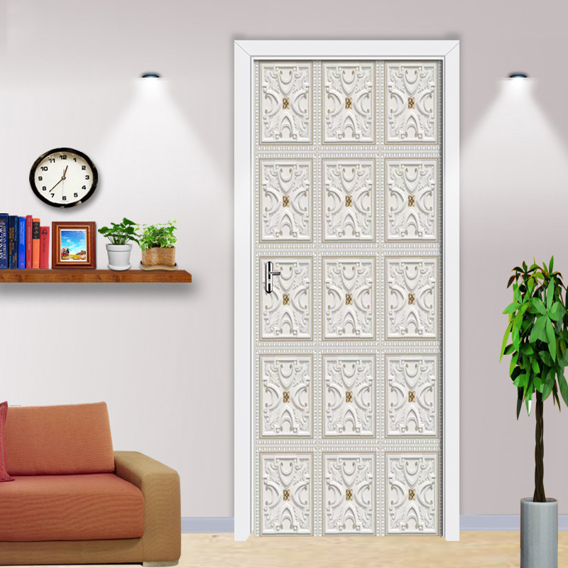 European White Pattern DIY Self-adhesive Door Sticker PVC Waterproof Wall Mural Wallpaper For Bedroom Living Room Door 3D Decals