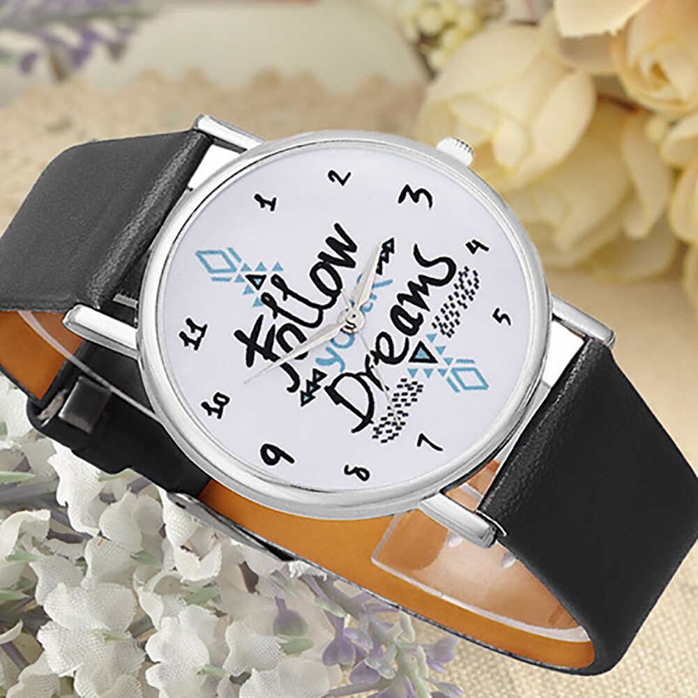 Meisjes casual volg je droom citaat print imitatie leren band quartz polshorloge