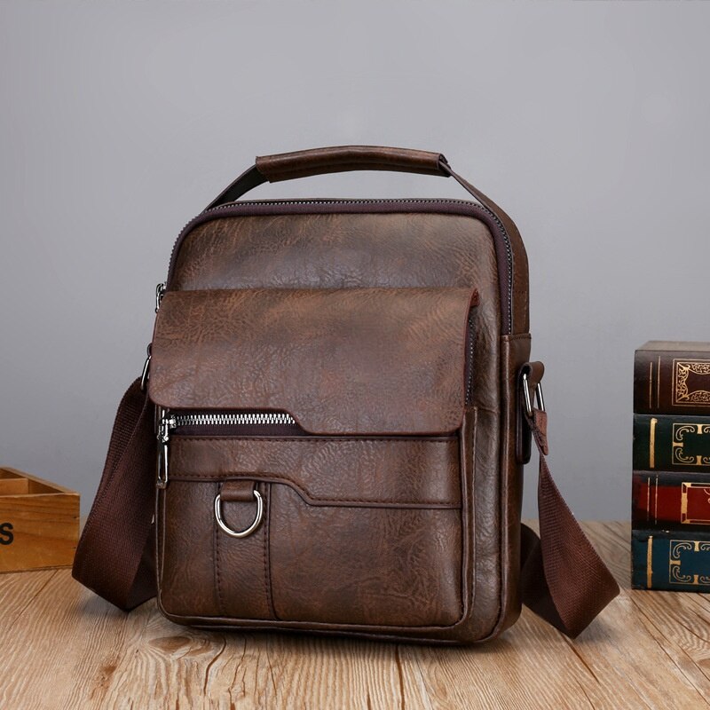 Male Bag PU Leather Handbag Capacity Men Messenger Tote Casual Shoulder Vintage Crossbody: Dark Brown