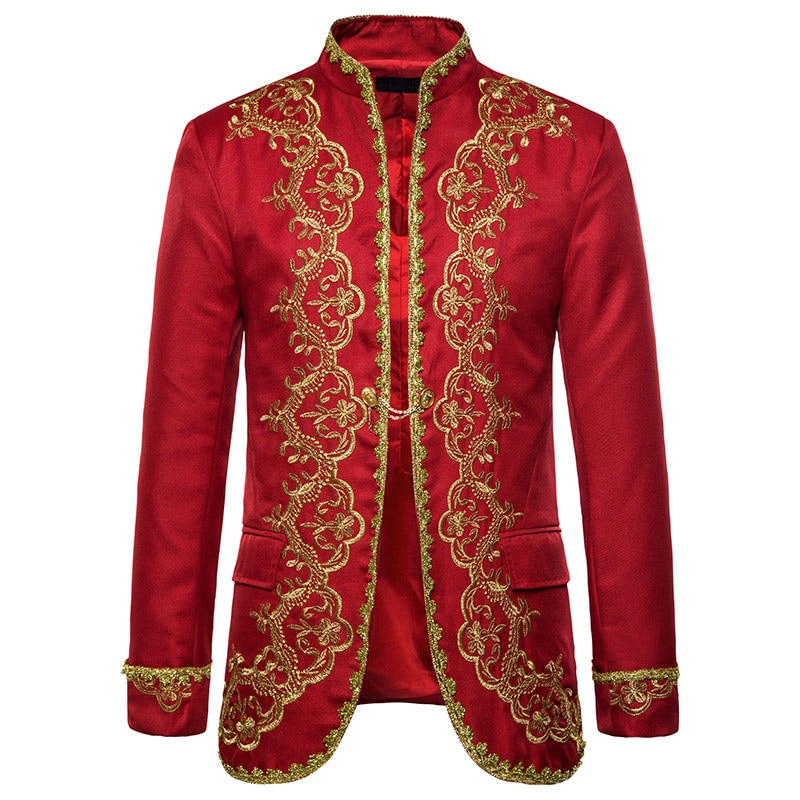 Men Red Blazer Gold Embroidery Baroque Mens Blazer Luxury Dress Blazers Men Performance Stage Palace Costume Men Blazer Hombre