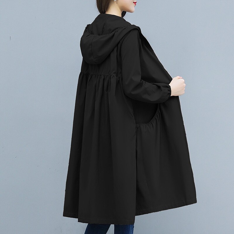 Lång kappa tunn trenchcoat dam 2022 vår höst stor storlek lös huva kvinnlig vindjacka fritids ytterkläder  r863: Svart / Xl