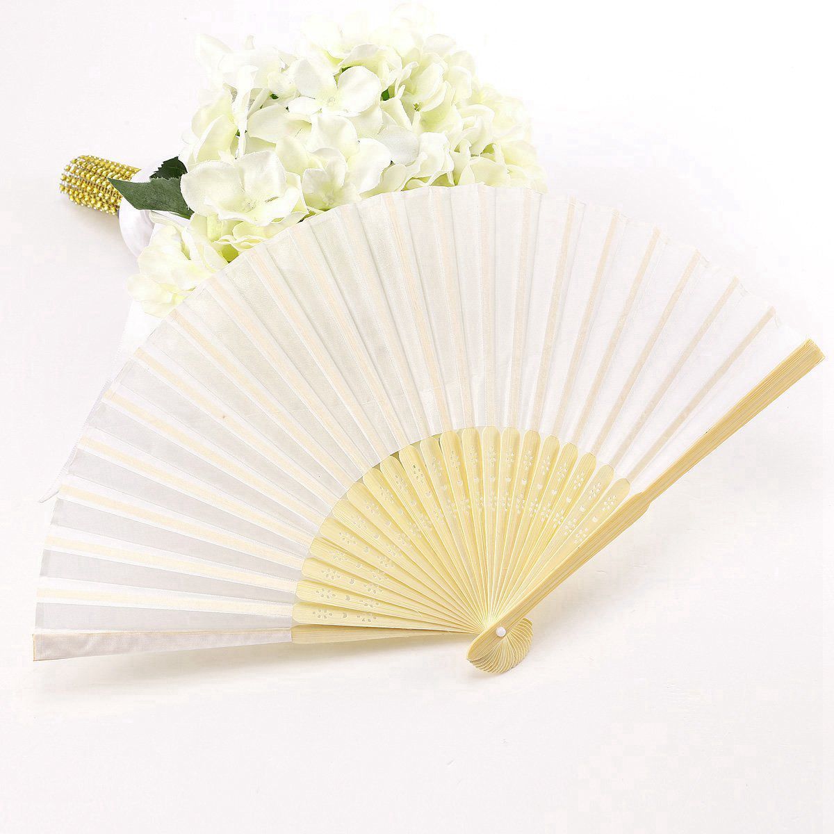 24 pcs/lot White Folding Silk Hand Fan with bag Wedding &amp; Party 21cm