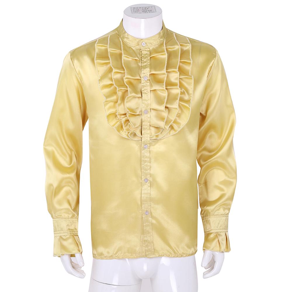 Vêtements pour hommes Hip Hop fête Clubwear soie col montant avant à volants bouton bas Slim Fit Vintage mariage smoking robe chemises