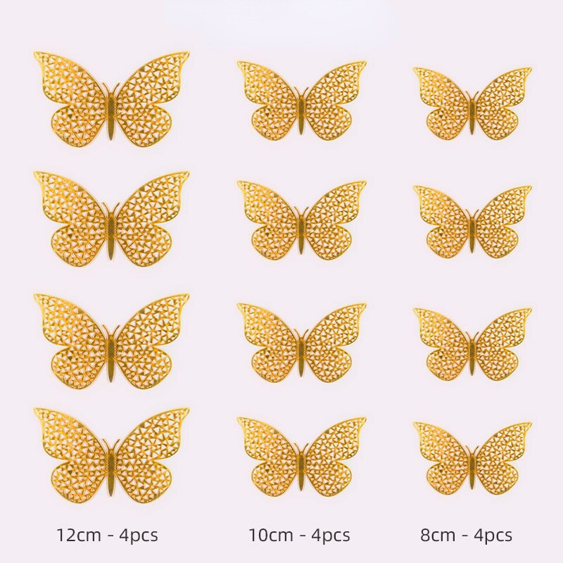 12 Stks/partij 3D Hollow Vlinder Muurstickers Goud Rose Goud Metallic Glans Stickers Diy Slaapkamer Woonkamer Feestelijke Decoratie: H / Gold