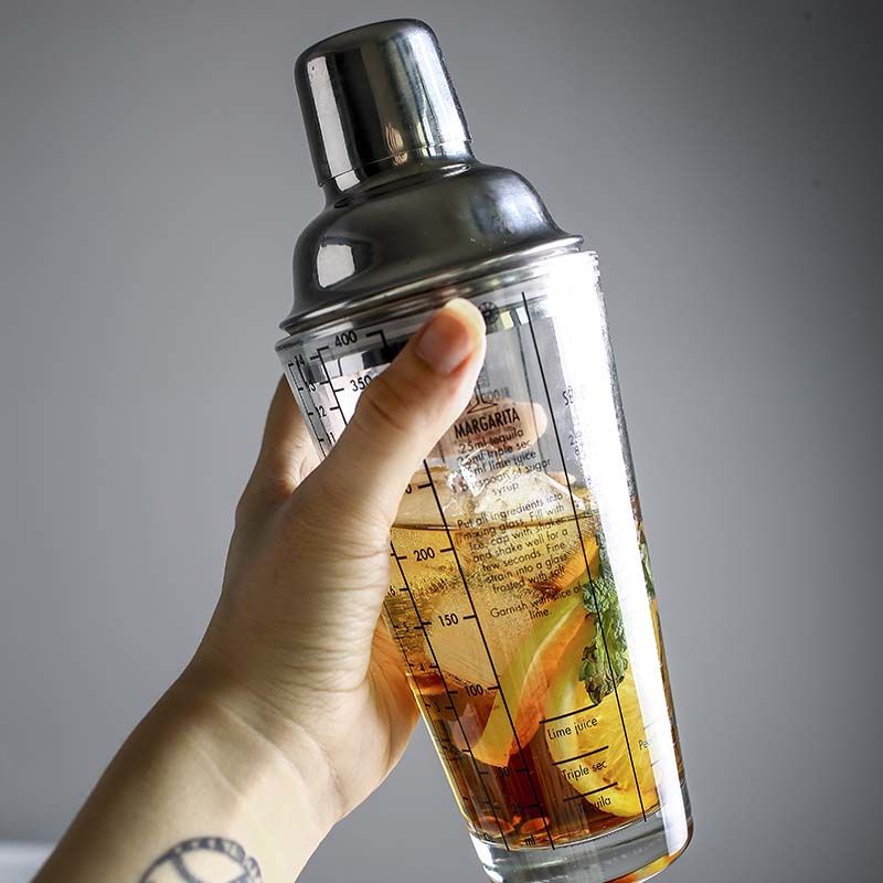 350ml Glass Cocktail Shaker Mixer Cocktail Whisks Glass Cup Set with Measurement Stainless Steel Bar Tools