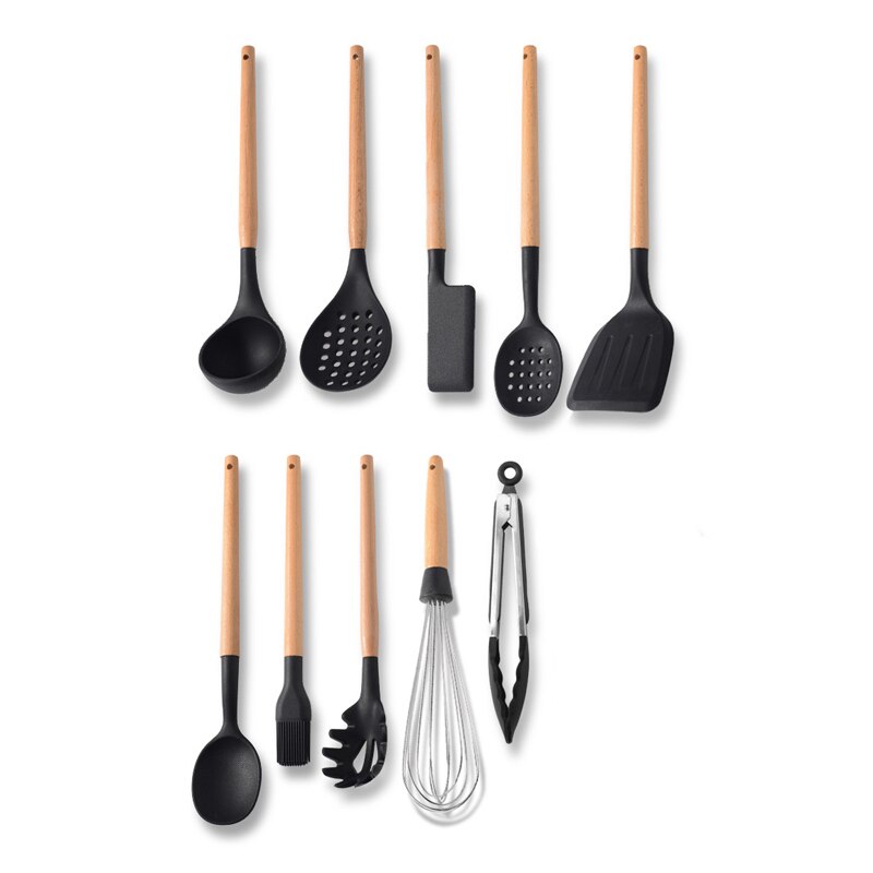 Non-stick Cooking Tools Set Silicone Kitchen Utensils Kit Kitchenware Colander Spatula Scraper Baking Gadgets: 10PCS BLACK