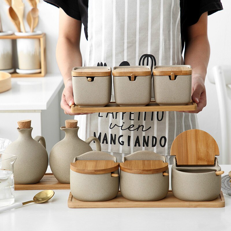 Style japonais assaisonnement boîte ménage sucre céramique bol assaisonnement pot avec couvercle sel pot huile d'olive bouteille cuisine fournitures