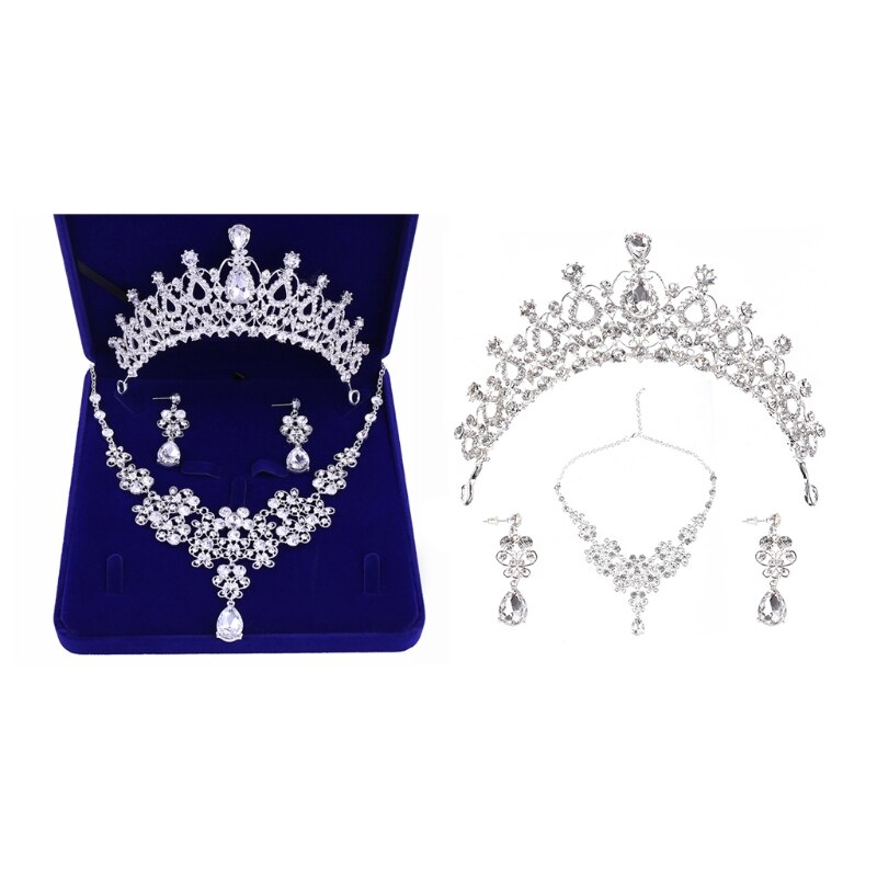 Tiara Kroon Oorbellen Ketting Sets Voor Bruid Bruiloft Prom Party Jurk Rhinestone Zilveren Kroon Wedding Earring