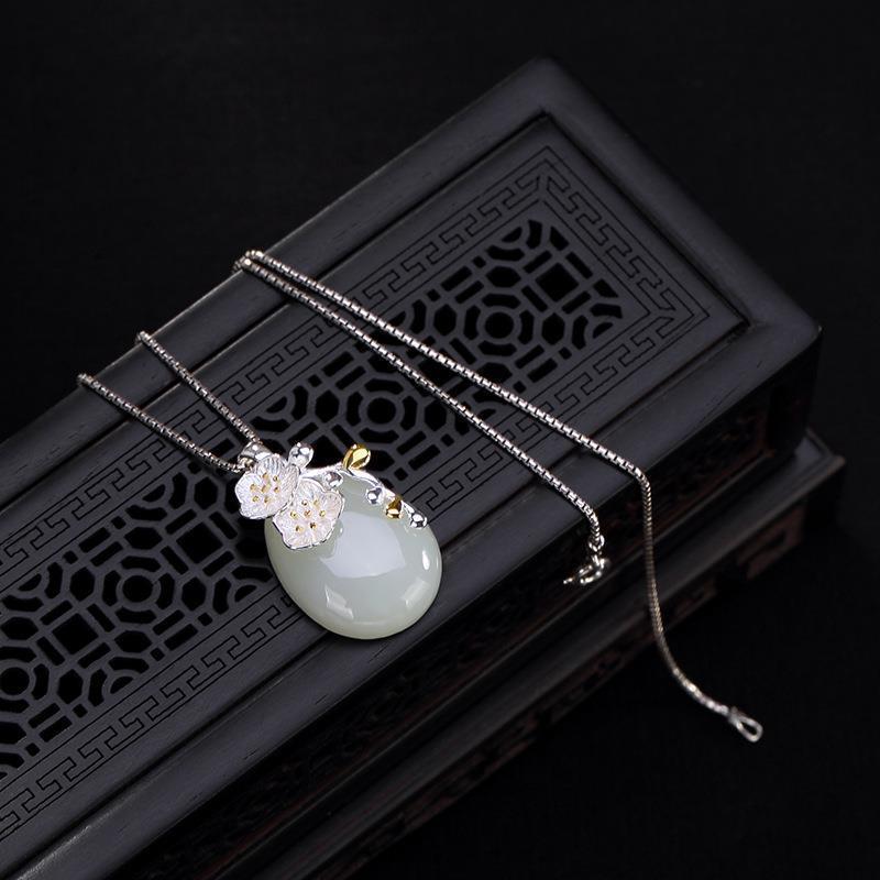 Original S925 Sterling Silver Inlaid Natural Hetian Jade White Jade Plum Blossom Lady High-End All-Match Pendant Fidelity