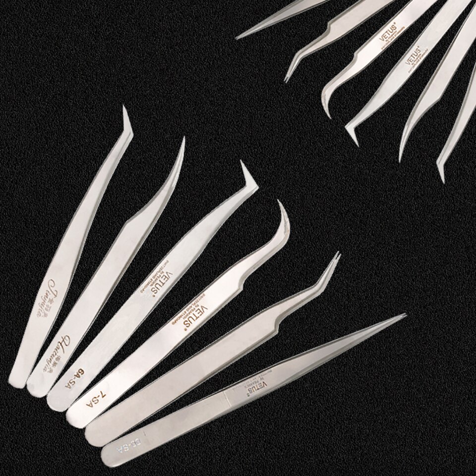 AGUUD Russian Volume Lash Tweezers Eyelash Extension Straight and Curve Stainless Steel Tweezer Makeup False Lash Tweezer Stand