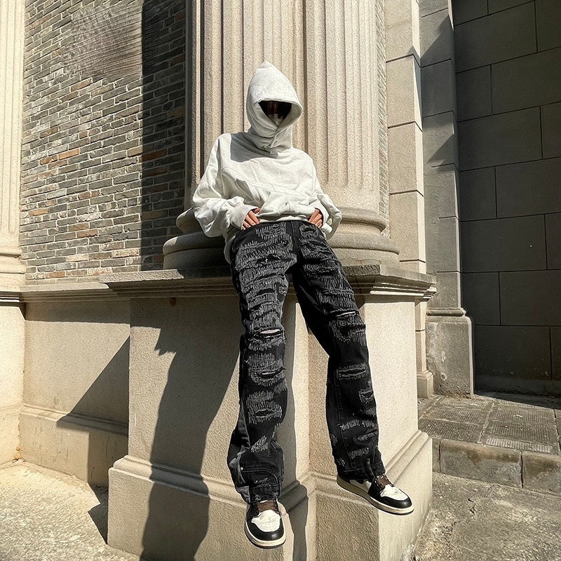 High Street Patchwork Jeans Men Black Hip Hop Streetwear Punk Denim Pants Harajuku Oversized Ripped Straight Loose Trousers