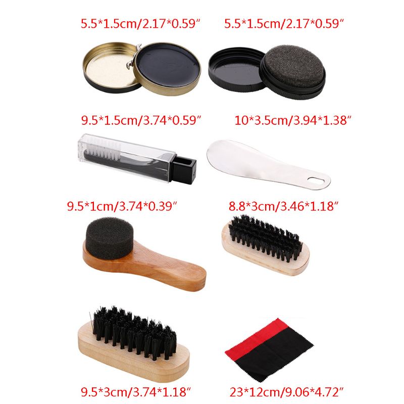 leather shoes care tools 9 pieces, horse hair brush, black shoe polish, sponge brush, shoe polisher, shoehorn,