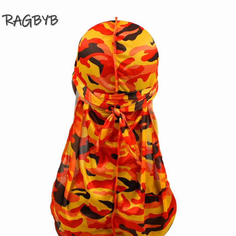 Nuevas pañuelos Durag de seda con estampado de camuflaje para hombres, Durags sedosos, gorro ondulado de cola larga, pañuelo para la cabeza, sombrero para mujer, diadema Durag: Naranja