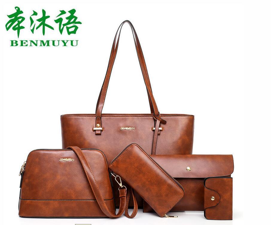 Gaohe style women's bag Retro Leather bag five piece set European and American Portable shoulder bag one piece: Brown