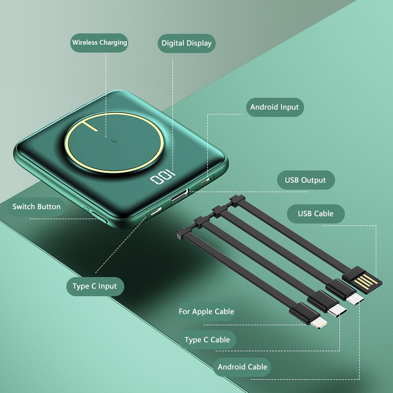 Powerbank 20000 mah bærbar qi trådløs oplader poverbank indbygget kabel eksternt batteri powerbank til iphone 12 11 xiaomi mi