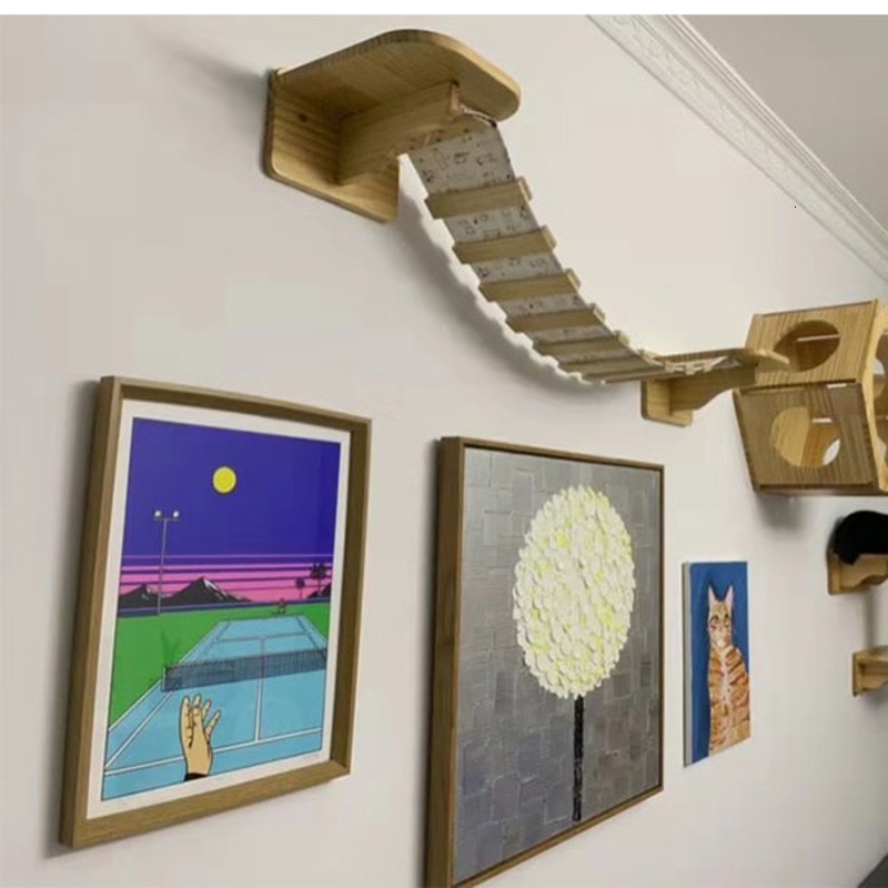 Kattenbrug, houten hangend platform, aan de muur gemonteerd huisdiermeubel, kattenboom, sisal krabpaal, kattennest, klimrek voor huisdieren