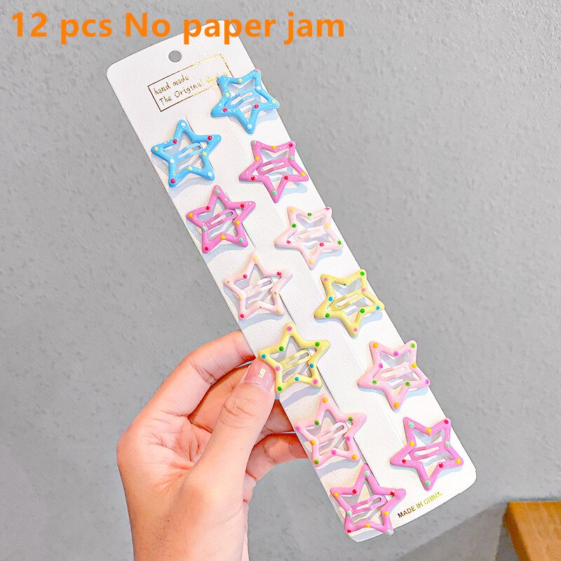 10/12pcs Cute Baby Girl Hair Clips Cartoon Snap Button Candy Color Star Shape Hair Clip Non-Slip Baby Clip Kids Accessories: 09
