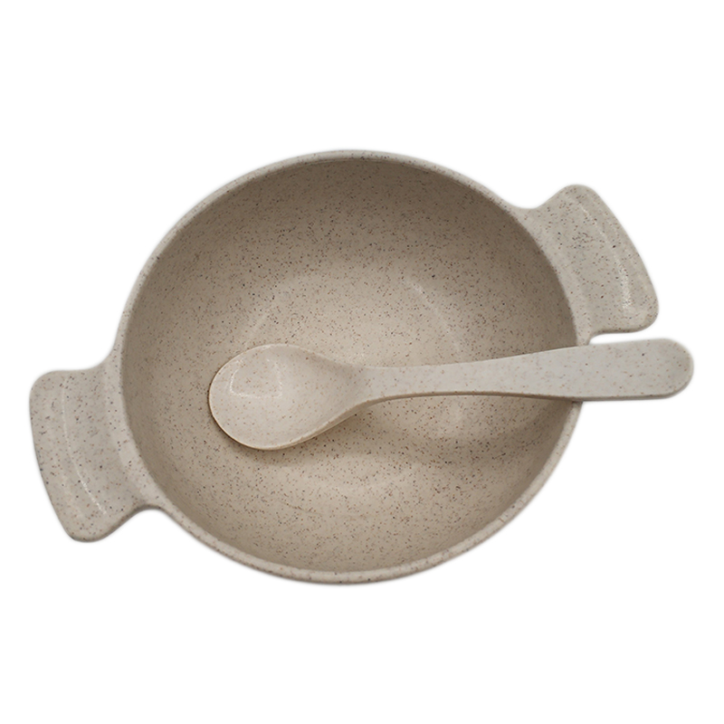 2pcs Baby Feeding Tableware Set Eco-Friendly Wheat Straw Infant Plate Children Dish Dinnerware Kids Anti Training Bowl+Spoon: Beige