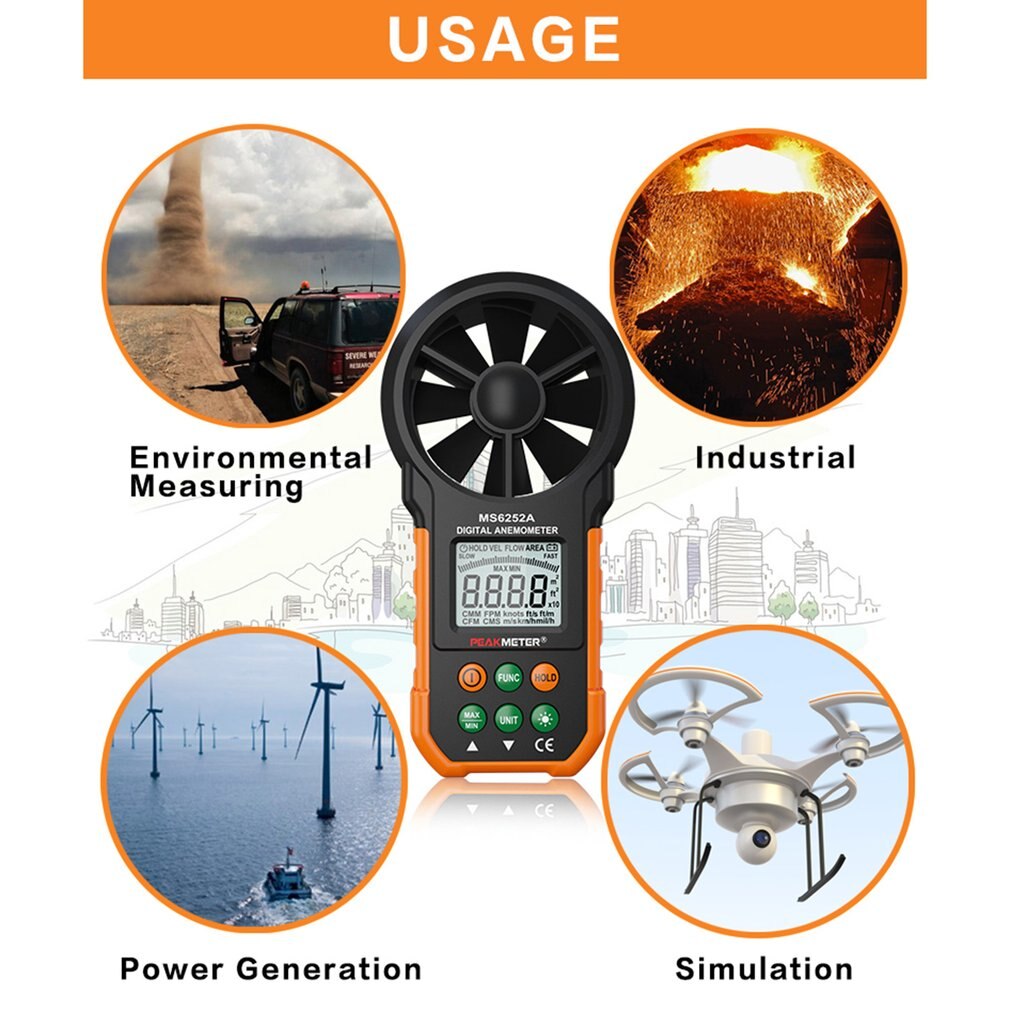 PM6252A,Anemometer, Windsnelheid Meter,Air Volume Meter,Air Volume Meten Meter Plastic Maximale, minimum 1 1 Set