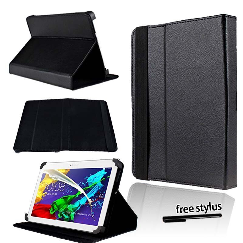 KK&LL For Lenovo Tab 2 A10-70 10.1 Inch - Leather Tablet Stand Folio Cover Case + Free stylus: Black