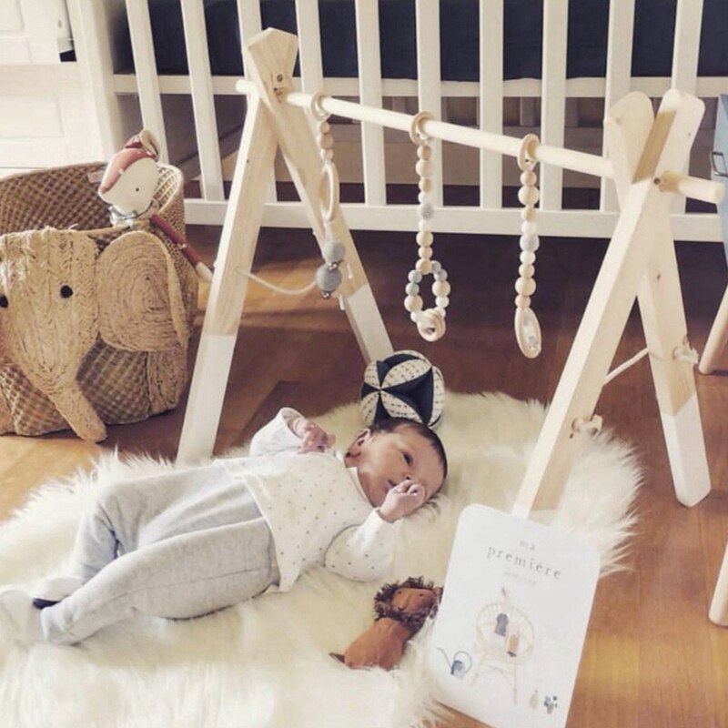 3Pcs Holz Ring Baby Beißring Aktivität Spielen Gym Perlen Tier Anhänger Rasseln Baby Spielzeug Schutz Sensorischen Spielzeug