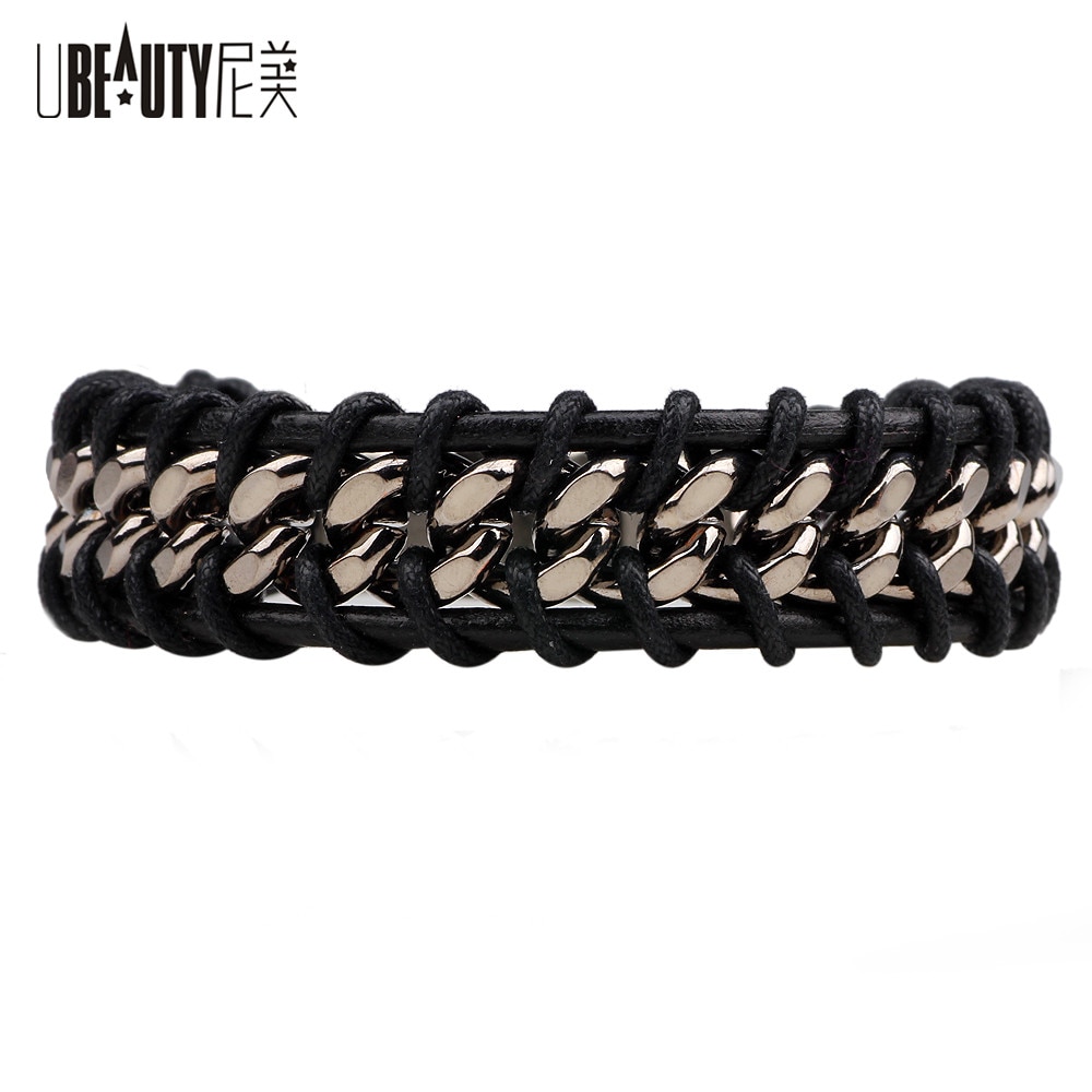 Einzigartige Edelstahl Armbinde Herren Schwarz/Braun Leder Gestrickte Magnetische Verschluss Armbänder & Armreifen Männer Schmuck