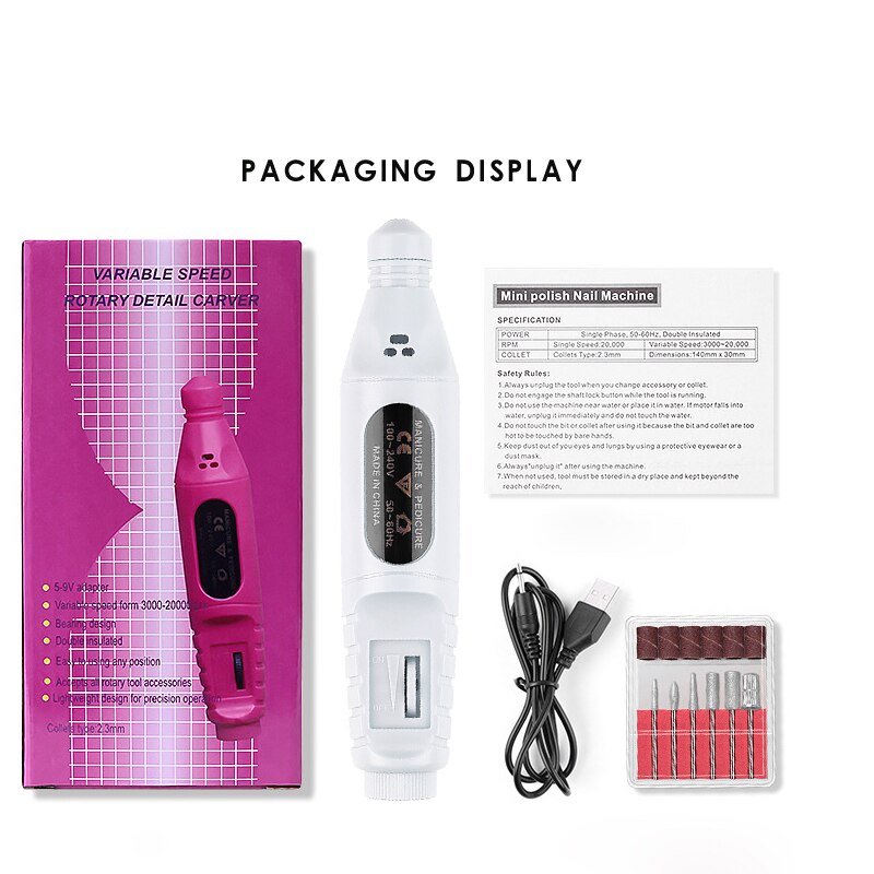 Kit de máquina pulidora eléctrica para uñas, herramientas de manicura para retirar esmalte de Gel, lima de uñas, 20000RPM, con brocas: WHITE