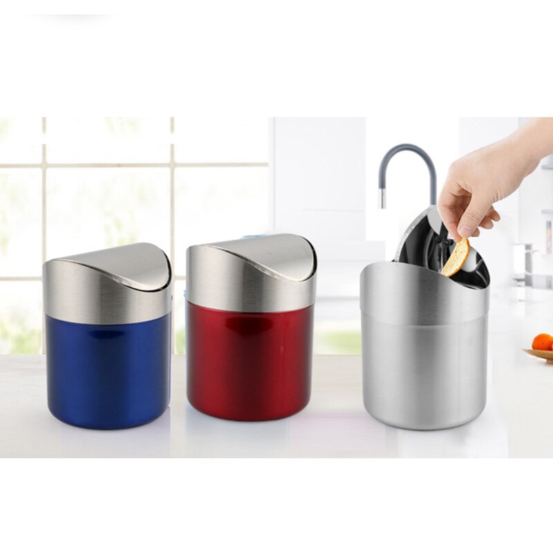 Minibasura pequeña de acero inoxidable con tapa abatible, bote de basura para escritorio, coche, oficina, cocina, K888