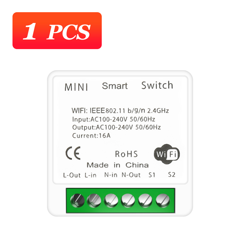 16A MINI Wifi Smart Switch 2-way Control Timer Wireless DIY Switch Smart Home Voice Control Works With Tuya Alexa Google Home: 1pcs