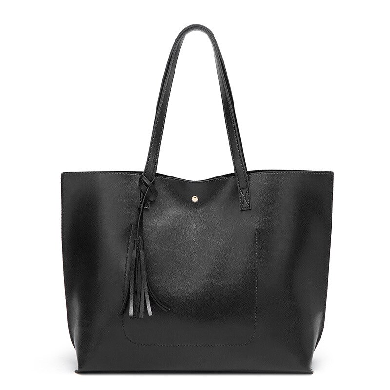 Bolsa feminina bolsas de couro de cera de óleo bolsa de ombro feminina de grande capacidade: Black