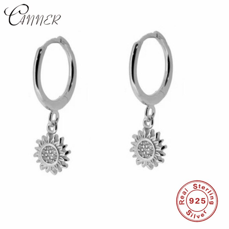 Canner delicado cz girassol brinco 100% 925 prata esterlina girassol pingente pequenos brincos de argola para o presente de festa de jóias femininas: Silver