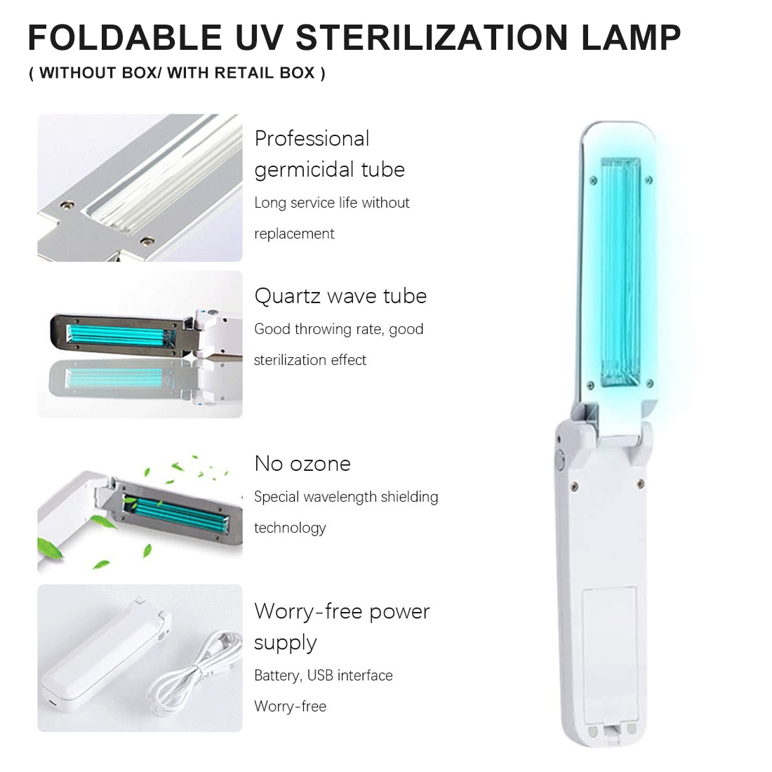 USB Folding Disinfection UV Lamp Home Living Room LED Ultraviolet Sterilization Germicidal Bacterial Disinfect Light 270nm Wave