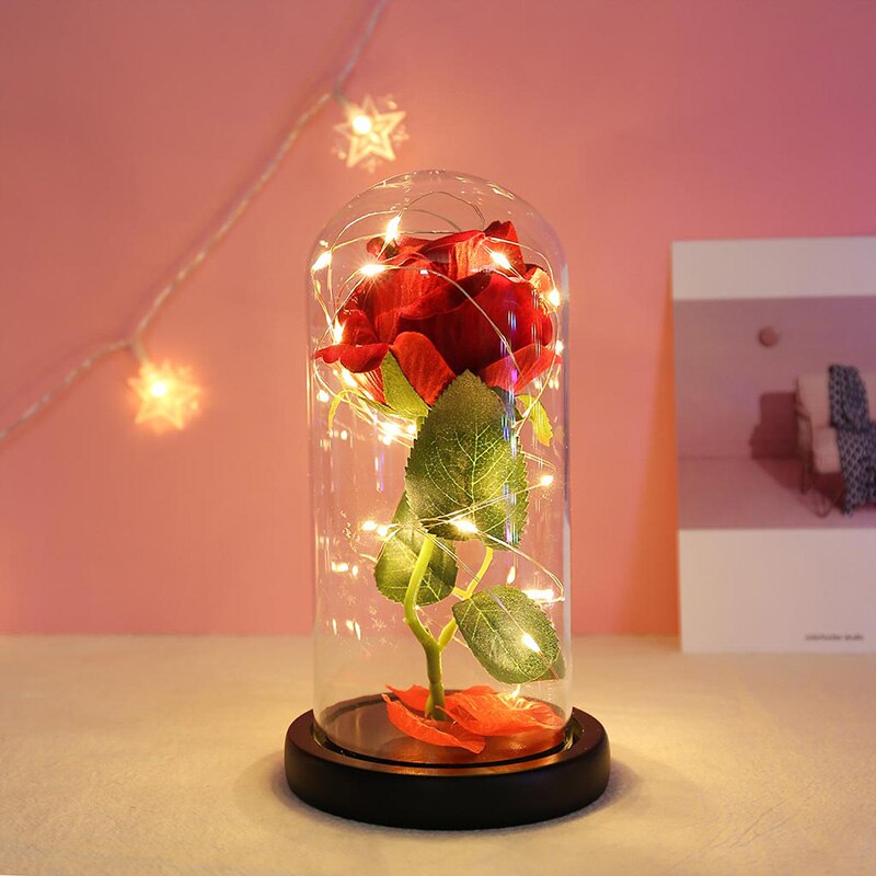 Artificial Eternal Rose LED Light Beauty The Beast Rose Flower In Glass Dome Wooden Base For Decorate Valentine's Day: XOI1072A