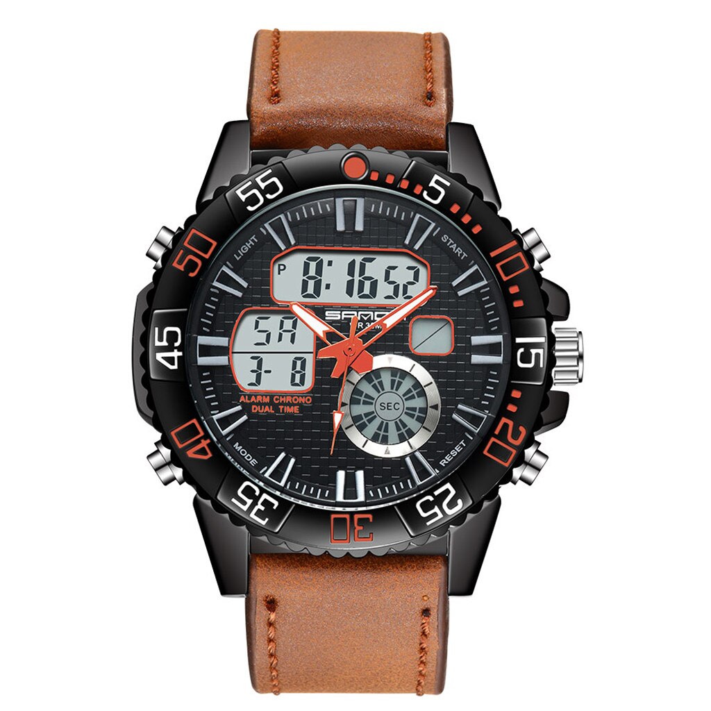 Sport Männer Uhren Wasserdicht Dual Display Analog Digital LED Männlichen Leder Strap Elektronische Handgelenk Uhr Reloj Hombre homme: Orange