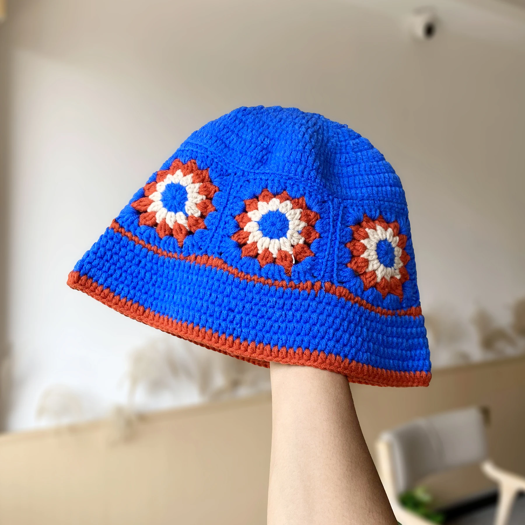 INS Korea Handmade Crochet Bucket Hats for Women Y2k Vintage Summer Beach Hat Flower Hollow Knitted Bob Sombreros Bonnet Caps: Lavender